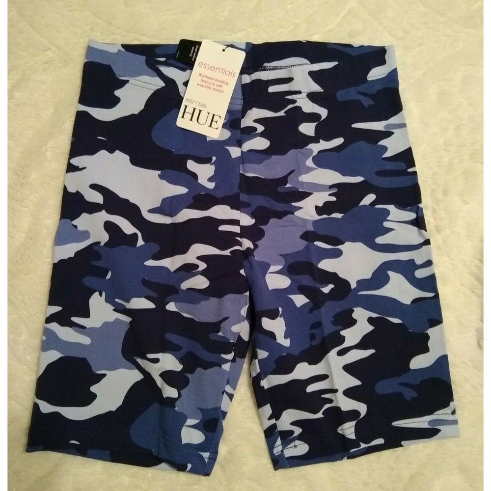 Hue Essentials Womens Bike Short Mid Thigh Cotton Blend Stretch Blue Camo Medium